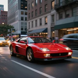 One Ferrari 512 races down fifth Avenue in New York City, motion blur, dusk, highly detailed and realistic photograph, no people