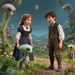 a girl and a boy standing next to some alien plants, looking happy, wearing 1850s era clothes, they are playing with their small pet alien creature, in a park on a alien planet, extremely high details, ultra realistic facial details, hyperrealistic, octane render, 8k