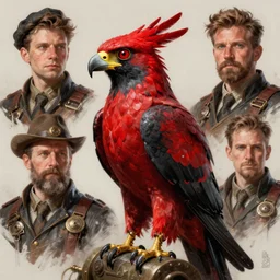 portrait of a steampunk red and black falcon, highly detailed, digital painting, trending on artstation, devianart, cgsociety, concept art, sharp focus, illustration, art by sebastien mitton, viktor antonov, sergey kolesov