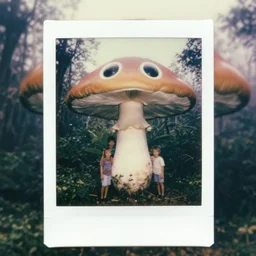 oversized mushroom with big eyes and mouth with his kids, in jungle forest peak, full body, nighttime, cinematic focus, polaroid photo, vintage, neutral dull colors, soft lights, foggy, overcast by oleg oprisco, by thomas peschak, by discovery channel, by victor enrich, by gregory crewdson