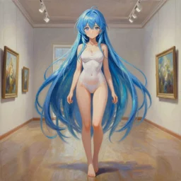an infinitely detailed museum - quality oil painting, full - body detailed artwork of an anime girl with long iridescent blue hair, by fkey & alphonse, cute - fine - face, beautiful full - body render, trending on artstation, 4 k