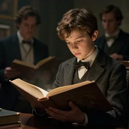 kid reading a history book, dramatic lighting, cinematic, establishing shot, high detail, cinematic lighting, post processed, 8k, concept art, artstation, matte painting, in the style of eddie mendoza, raphael lacoste, alex ross