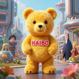 portrait of haribo bear in future city, color and shape focus, cnetral composition, natural light, bloom, puff, by simon stalenhag and rene magritte and anton fadeev