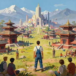 a mixed media painting of a country nepal in year 2 0 7 7 in overalls mountains and temples, minimalist, a ruined futuristic art deco city sits in the distance, camera angle from the top, by frank frazetta, greg rutkowski, beeple, yoko taro, christian macnevin, beeple, wlop and krenz cushart, epic fantasy character art, volumetric outdoor lighting, midday, high fantasy, cgsociety, cheerful colours, full length, exquisite detail, post - processing, masterpiece, cinematic