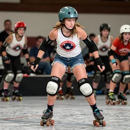 roller derby girl, full length portrait, logo, wearing skating helmet, wearing torn clothes, victory lap, Philippe Caza, 2 colour print