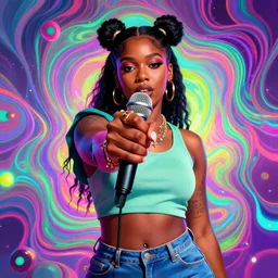 black female rapper holds microphone straight out, digital art, vapor wave, hip hop, psychedelic, surreal, trending on Artstation, professional artist, detailed, 4k