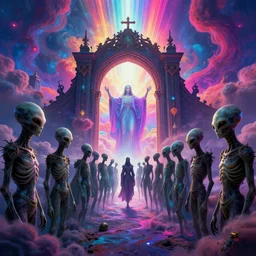 [ palate ] [ vibrant gothic colors ] lost alien souls congregating and waiting in line at heaven's gate, vibrant neon nebulous clouds, radiant light rays, photorealistic illustration, intricate and fine details, volumetric lighting, artstation, god figure at the gate - w 1 0 2 4