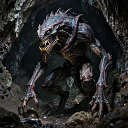 tall bipedal creature in the darkness, long claws, large long pointy teeth, drooling, hunched over, dark cavern, no light, highly intricate, detailed, 8 k