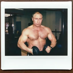 vladimir putin as a bodybuilder in legnica, medium shot, photorealistic, polaroid, vintage, color, documentary photograph