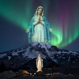 virgin mary projected via aurora above my rainier photo ray tracing