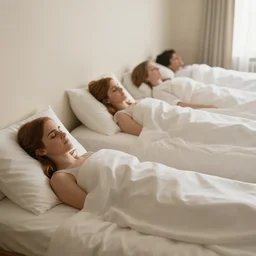 a bunch of beds lined up in a room, a cozy emma watson in each one