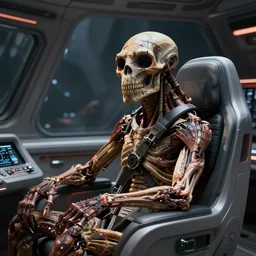 neanderthal in futuristic spaceship pilot seat