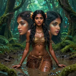 mix of beautiful dark skinned sri lankan girl as a fairy, perfect faces, magical forest, muddy swamp, very coherent and colorful high contrast art, artstation, deviantart, digital art