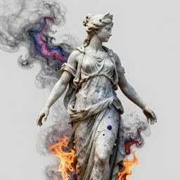 sculpture of greek goddess portrait ,drawn in water ,fire,smoke,hyper realistic,photo real, concept art, nebulas trail as she moves highly detailed, hdri, 4k -