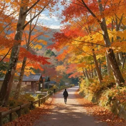 a walk through autumn leaves in the mitarai valley and dorogawa onsen, nara, japan. volumetric lighting, autumn, late morning, sunny weather, few clouds, realistic illustration, perfectly shaded, soft painting