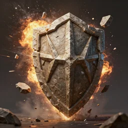 explosion of stone shield into fragments, fantasy, style artstation, style greg rutkowsk, octane render, unreal engine 6, epic game graphics, fantasy, conceptual art, ray tracing