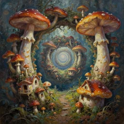 mushroom houses spiraling into infinity, abomination, oil painting, highly detailed, 4 k