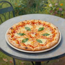 DaVinci oil painting of a pizza magaritha on a garden table