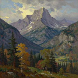 mountains, trees, beautiful nature, very detailed, focused, oil painting, colorful, canvas, artstation, national geographic, Sydney Mortimer Laurence, Albert Bierstadt, Theodor Kittelsen, Hans Dahl, Konstantin Yakovlevich Kryzhitsky