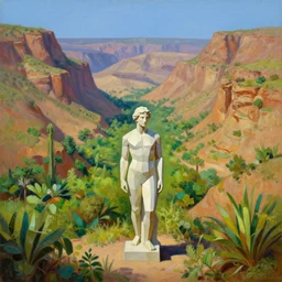 a lush desert valley with vegetation in the style of caravaggio, with a parametric statue of a human in the middle of the foreground, oil painting, raytracing, 8 k, octane render, volumetric, vivid, beautiful, hyperrealism