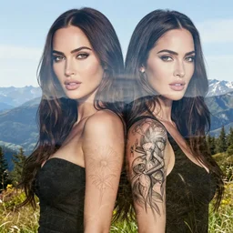 double exposure effect of megan fox and beautiful mountain scenery, realistic tattoo sketch, in the style of brandon kidwell