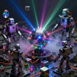 wet complex spheres, colored lasers, robots, circuits, smoke, god rays, wires, reflective cubes, wet metal reflections, mirrors, infinite, close up, glowing wires, wet, ultra detailed, group of robots, rocks