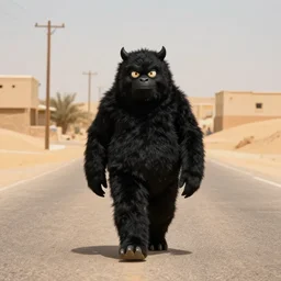 color photo of a black monster walking in a large desert street 6 0 s