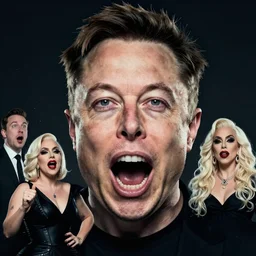 4 k highly detailed portrait face photography of elon musk yelling at his employees so hard that spit flies wearing a dress from lady gaga
