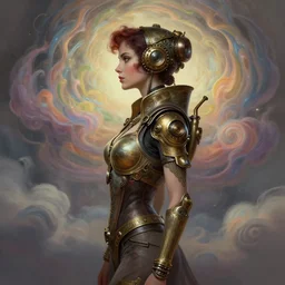 side profile, steampunk pinup girl, blade runner, elegant, highly detailed, concept art, smooth, colorful swirly magical clouds, muted colors, by huang guangjian, sachin teng, greg rutkowski, jesper ejsing, ilya kuvshinov, artgerm, mucha