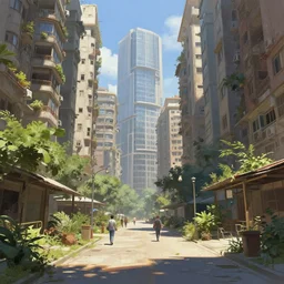 hyperdetailed digital paint by ismail inceoglu, brutalist city. pedestrian view. plants. sunny day.