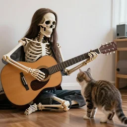skeleton watching girl playing guitar while her cat stands next to her