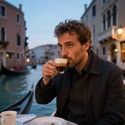 italian man enjoying espresso in venice. photorealistic. dusk.