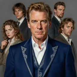 full - length portrait of gregory peck, dressed in a navy blue suit with silver embroidered details, detailed face, fantasy, cinematic lighting, digital art painting, fine details by realistic shaded lighting poster by ilya kuvshinov katsuhiro otomo, magali villeneuve, artgerm, jeremy lipkin and michael garmash and rob rey