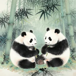 a beautiful painting two pandas in the bamboo forest, by zhang daqian painting