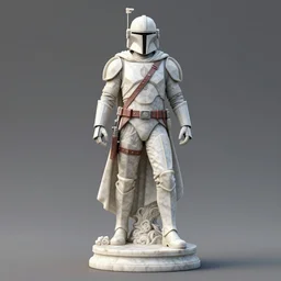 mandalorian statue made of white marble, 3 d render, octane render, unreal engine, detailed, dynamic light, beautiful, rococo, small accents of red