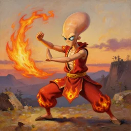 [ [ squidward ] ] wearing fire nation clothing and practicing firebendingoutside at susnset, oil painting, highly detailed, intricate, hd, sharp focus, photorealistic, by moebius and greg rutkowski, trending on artstation, trending on cgsociety, realistic shading and lighting