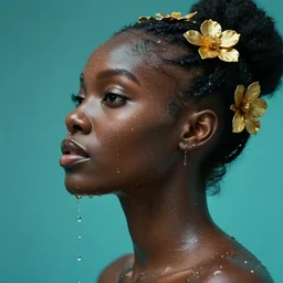 hyperrealistic precisionist cinematic profile very expressive! black oshun goddess, in water! up to shoulders, mirror dripping droplet!, gold flowers, highly detailed face, digital art masterpiece, smooth eric zener cam de leon, dramatic pearlescent turquoise light on one side, low angle uhd 8 k, sharp focus