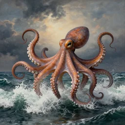 giant octopus with huge tentacles dancing above the frothing waves of an angry ocean under a dramatic sky, by jmw turner