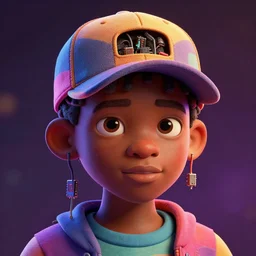 colourful portrait of an african boy wearing a baseball cap with wires and computer chips dangling from its inside, vfx art by james jean, volumetric lighting, dramatic lighting, ray tracing, colourful, digital painting, digital illustration, claymation style, unreal engine render, sharp, intricate detail, behance, artstation, pinterest,
