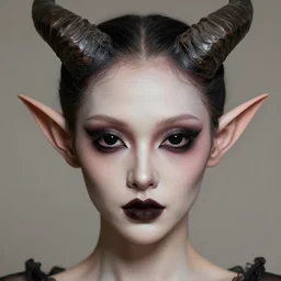 a creepy portrait, fantastic devil, professionally retouched, soft lighting, realistic, pointed elf ears, horns, smooth face, jet black alien eyes, wide angle, sharp focus on the eyes, 8 k high definition, insanely detailed, intricate, elegant, beautiful, horros, creepy, art by artgerm and wlop