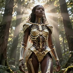 hyperrealistic long shot gorgeous black woman intricate exoskeleton bone armor in a forest sun behind her god rays highly detailed concept art eric zener elson peter cinematic low angle hd 8k sharp rack focus
