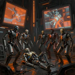 futuristic neon lit scene of ( death of the money lenders ), ( ( robot cyborgs ) ), futuristic oil painting by rembrandt and jeff koonz, ( ( led panel screens and projections ) ), intricate details, ( ultra realistic ), dynamic lighting, black and orange colour palette, ( octane render ), ( ( ( vertical led strip lighting ) ) )