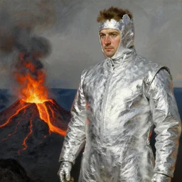 close up of a man dressed in aluminum costume on the brink of a volcano with flowing lava. painting by martin johnson heade - h 7 6 6