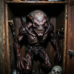 grainy photo of a zergling as a creepy monster in a closet, harsh flash