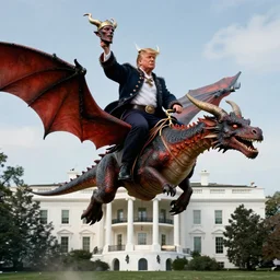 viking holding the severed head of donald trump, rides a dragon flying over the white house, 8 k