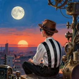 misfit watching sunrise, moon, 1 9 5 0 s scifi, meninblack, steampunk, walter sickert, earl norem, hyper realistic, artstation, illustration, digital paint, matte paint, vivid colors, detailed and intricate environment