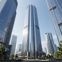 futuristic building surrounded by glass skyscrapers, sunny day, hyperdetailed, sharp, artstation, octane render