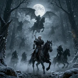 the wild hunt, otherworldly spectres riding in the sky, wraiths of morhogg, bad omen, enchanted forest, blizzard storm, fog, full moon, snowy environment, in the style of the witcher series, hyperrealism, breathtaking, award winning, groundbreaking, octane render, unreal 5, intricate digital art, 8 k high resolution