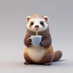 80mm resin detailed miniature of fluffy cute ferret drink coffee, Product Introduction Photos, 4K, Full body, simple background