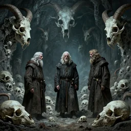 three medieval explorers inside a vast cavern of malformed mammal skulls, zdzislaw beksinski, wayne barlowe, gothic, cosmic horror, dystopian, biomorphic, lovecraftian, amazing details, cold hue's